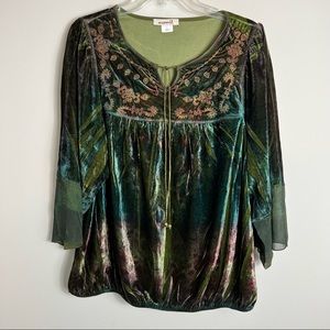 ONE WORLD Velvet Blouse with Green and Brown Hues